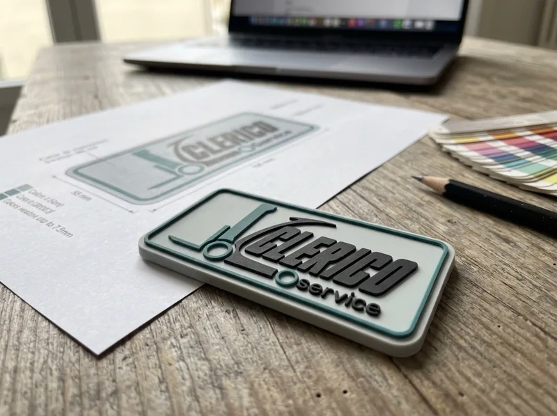 Logo per calamite personalizzate: calamita in PVC in rilievo a forma di mascotte verde accanto alla bozza stampata e alla mazzetta dei colori